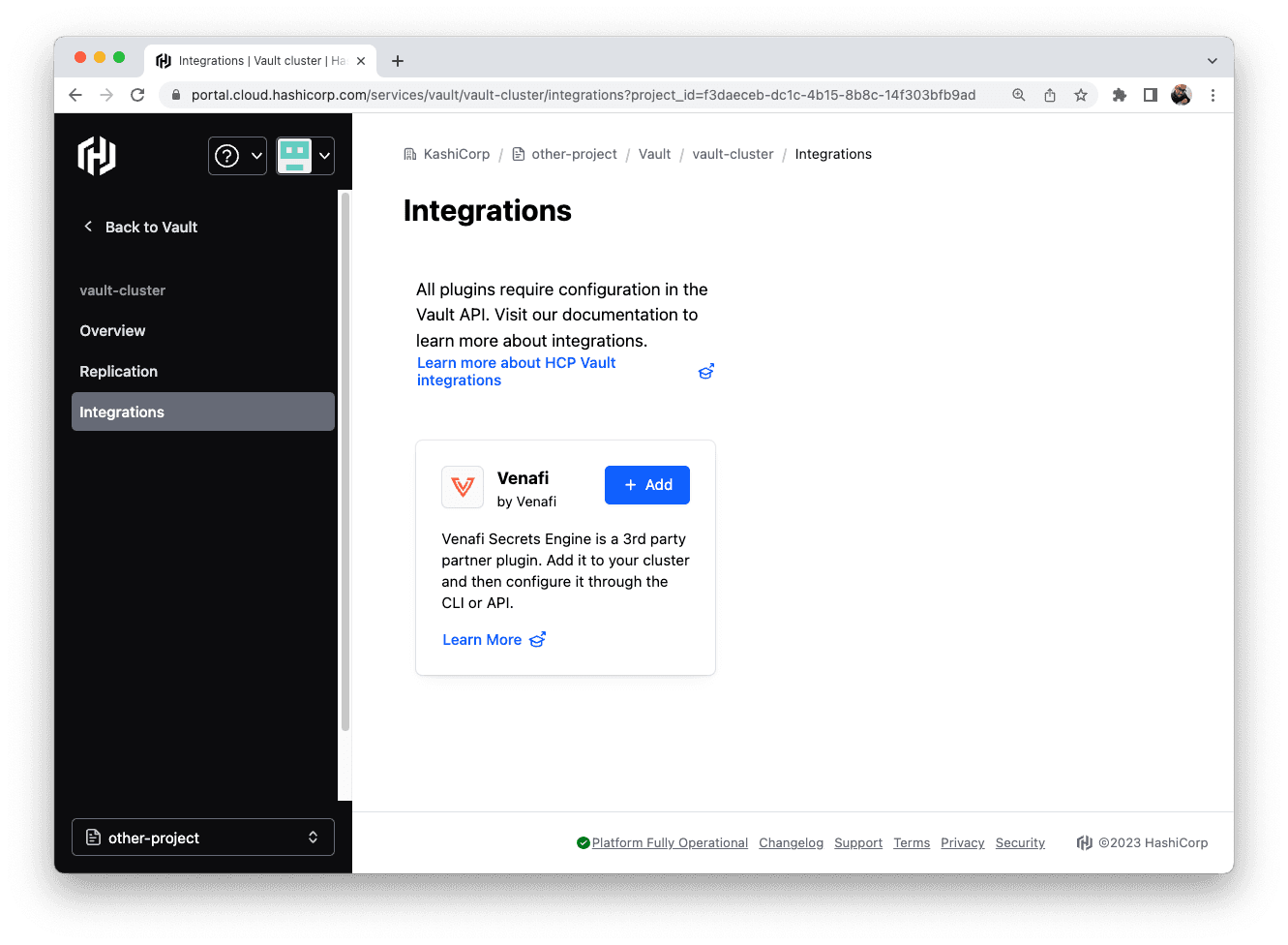 HCP Vault Dedicated Integrations Page