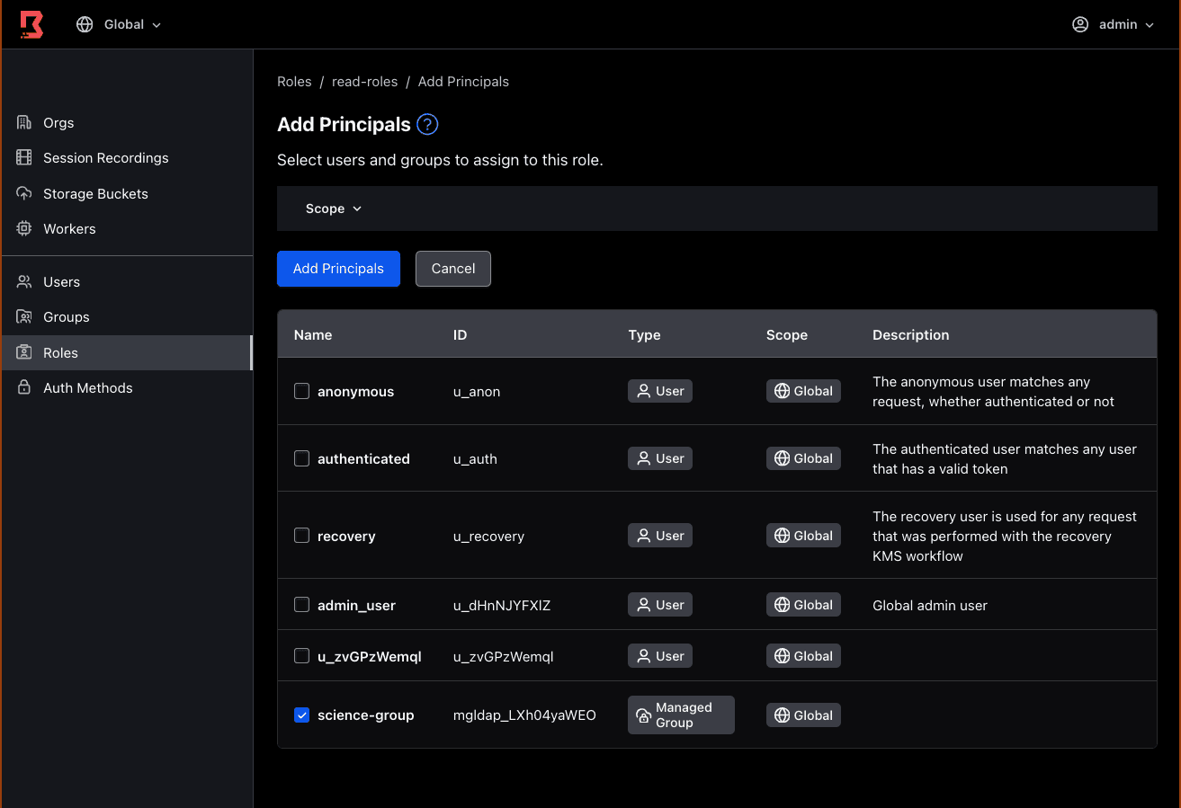 Select role principal