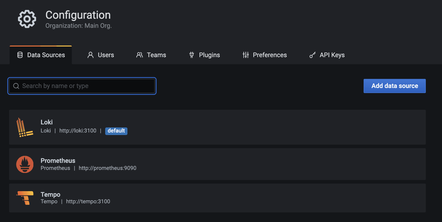 Image of data sources page in Grafana UI.