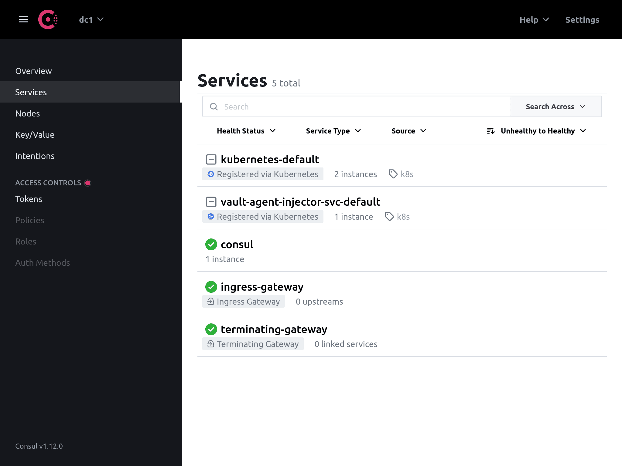 Consul UI on services tab