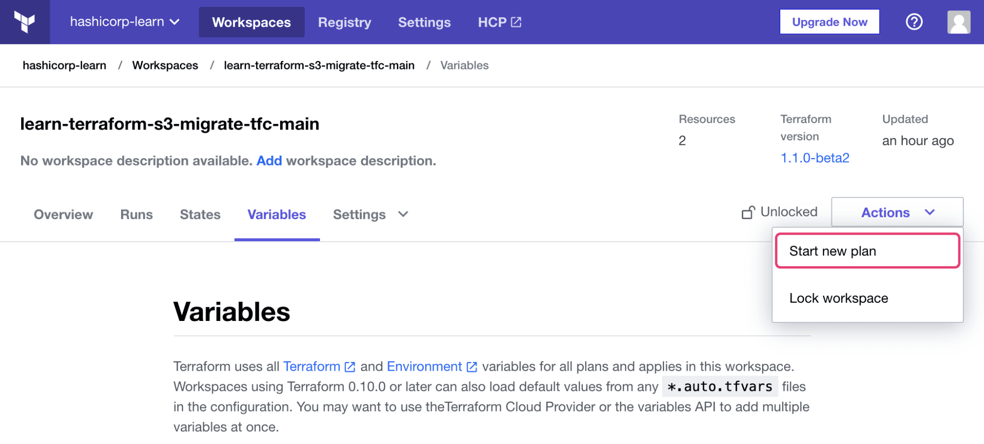 Start new plan in `learn-terraform-s3-migrate-tfc-main` workspace