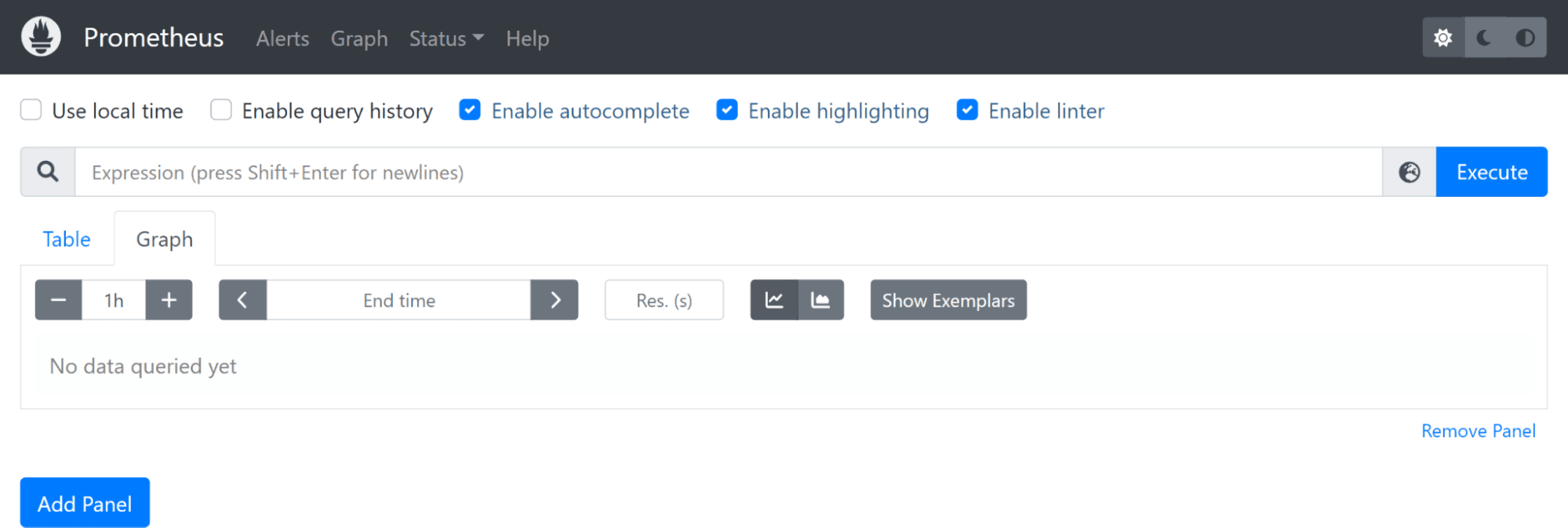 The default Prometheus screen with no active query