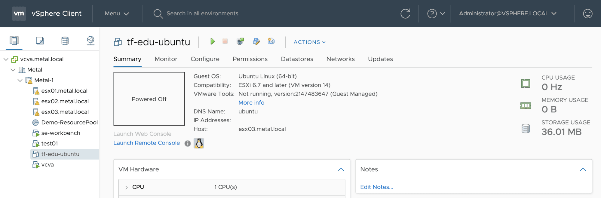 vSphere Client Dashboard showing the Packer-created tf-edu-ubuntu vSphere template