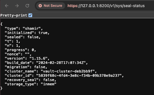 Vault seal status output shown in a web browser window